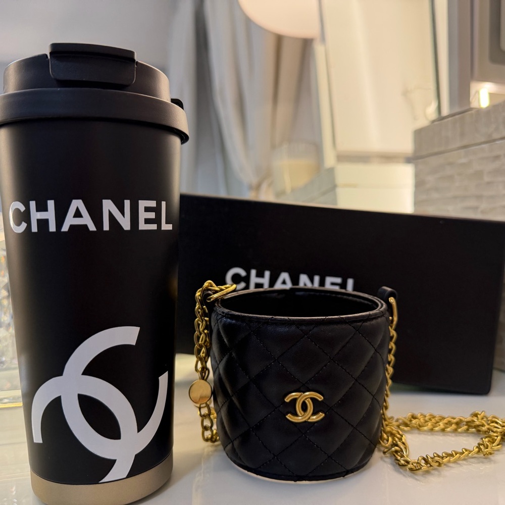 CC Black Tumbler /Travel Mug and Quilted Chain Pouch